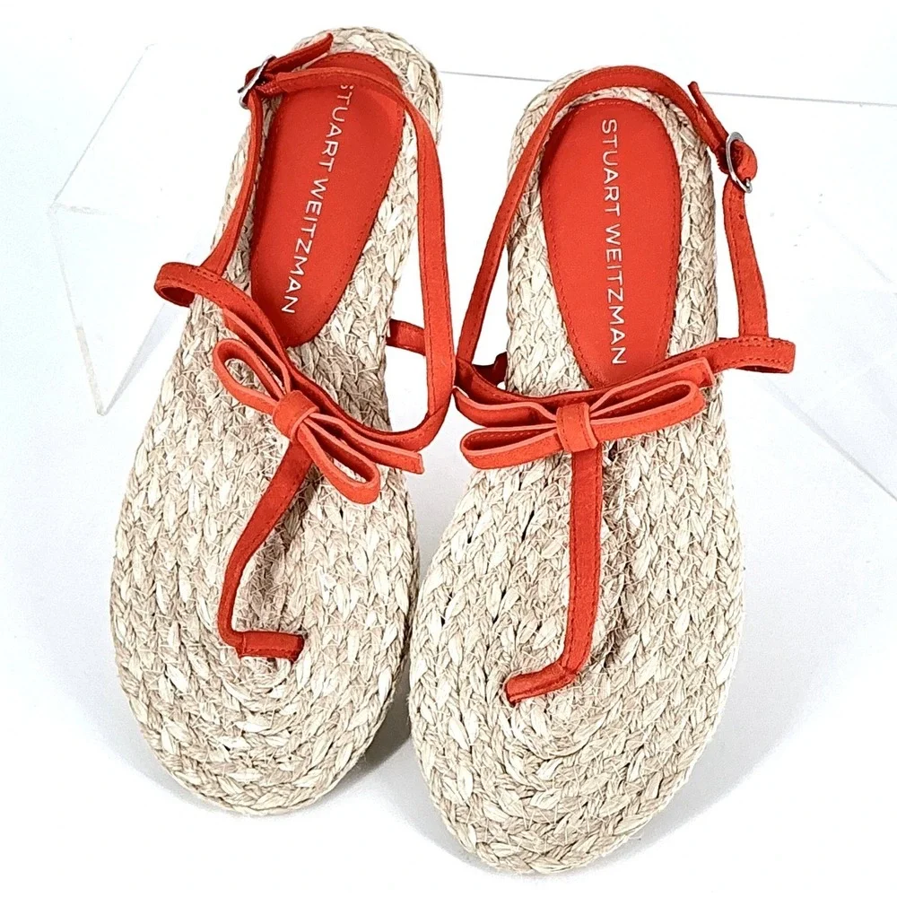 Stuart Weitzman Size 8.5 Orange Suede Raffia Thong Sandals NEW Espadrille Flat‎